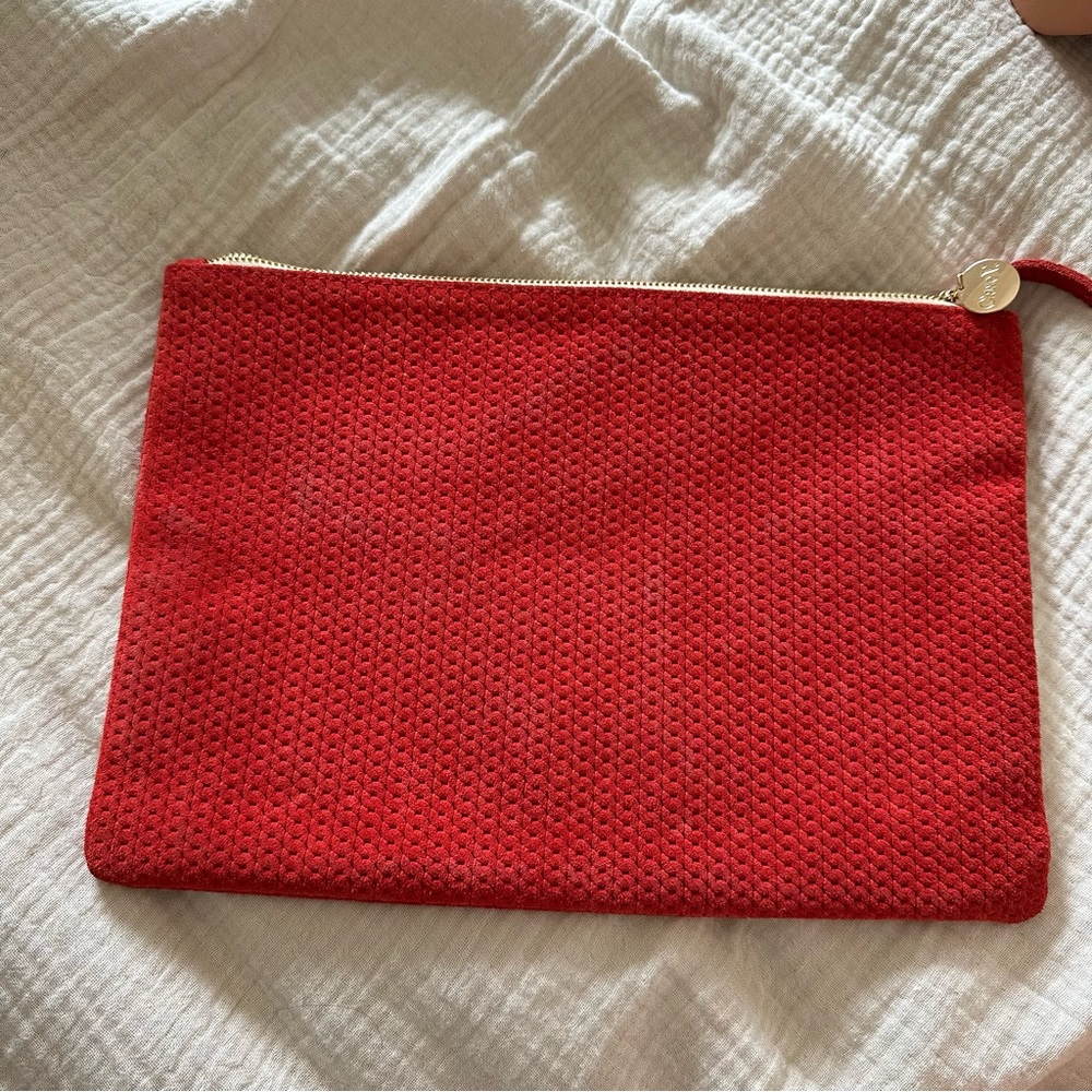 Clare V. Red perforated suede clutch